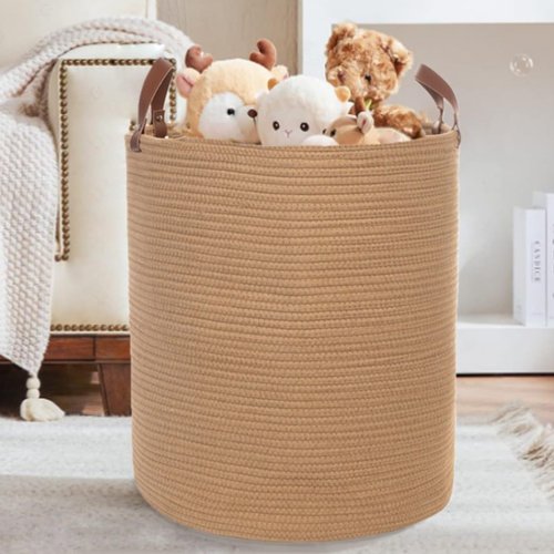 Caroeas XX-Large Cotton Rope Basket - 20'' x 16'' Woven Laundry Hamper with Leather Handles | Brown