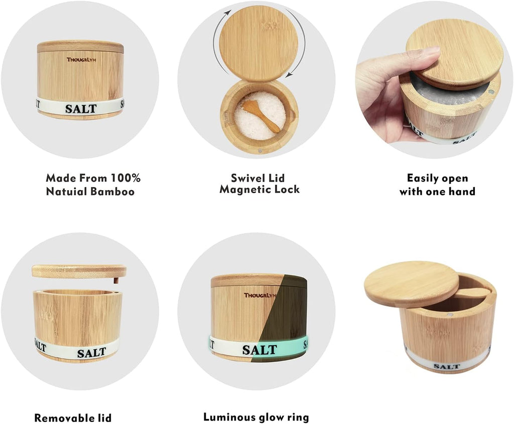 ThougrLyh Bamboo Salt Box - Magnetic Swivel Lid Salt Cellar with Spoon for Easy Storage | Small Spice Container
