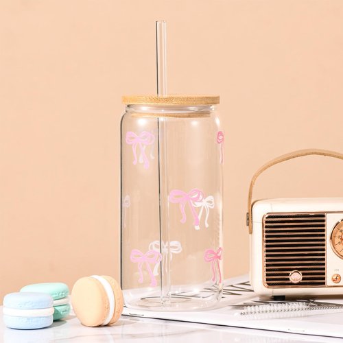 ANABIUP Coquette Cute Pink Bow Glass Cups with Lids and Straws, Aesthetic Iced Coffee Cup, Girly Preppy Design Tumbler Mug for Teen Girls Women Girlfriends Gifts