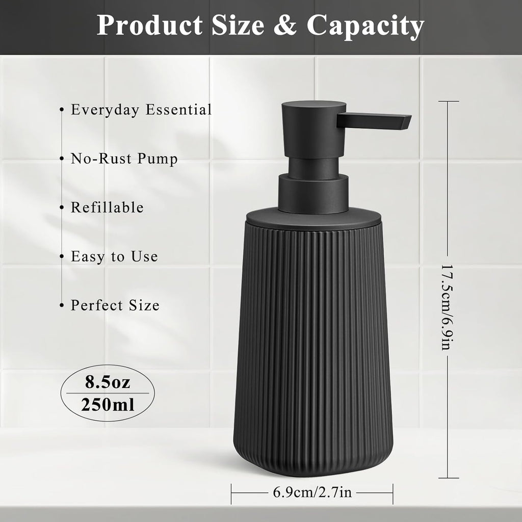 Black Hand Soap Dispenser - Rust-Proof Pump for Bathroom & Kitchen | Refillable Striped Matte Plastic, 8.5 oz