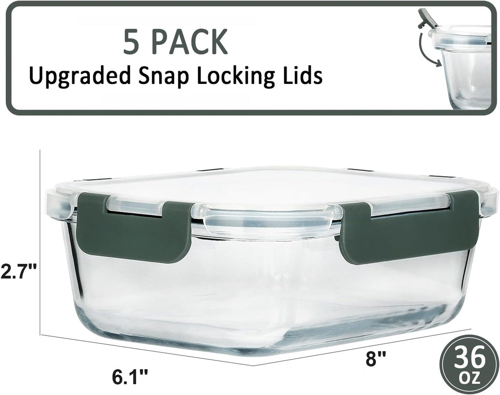 MCIRCO Glass Meal Prep Containers - 5-Pack, 36 Oz Airtight Lunch Containers with Snap Locking Lids | Microwave, Oven, Freezer Safe