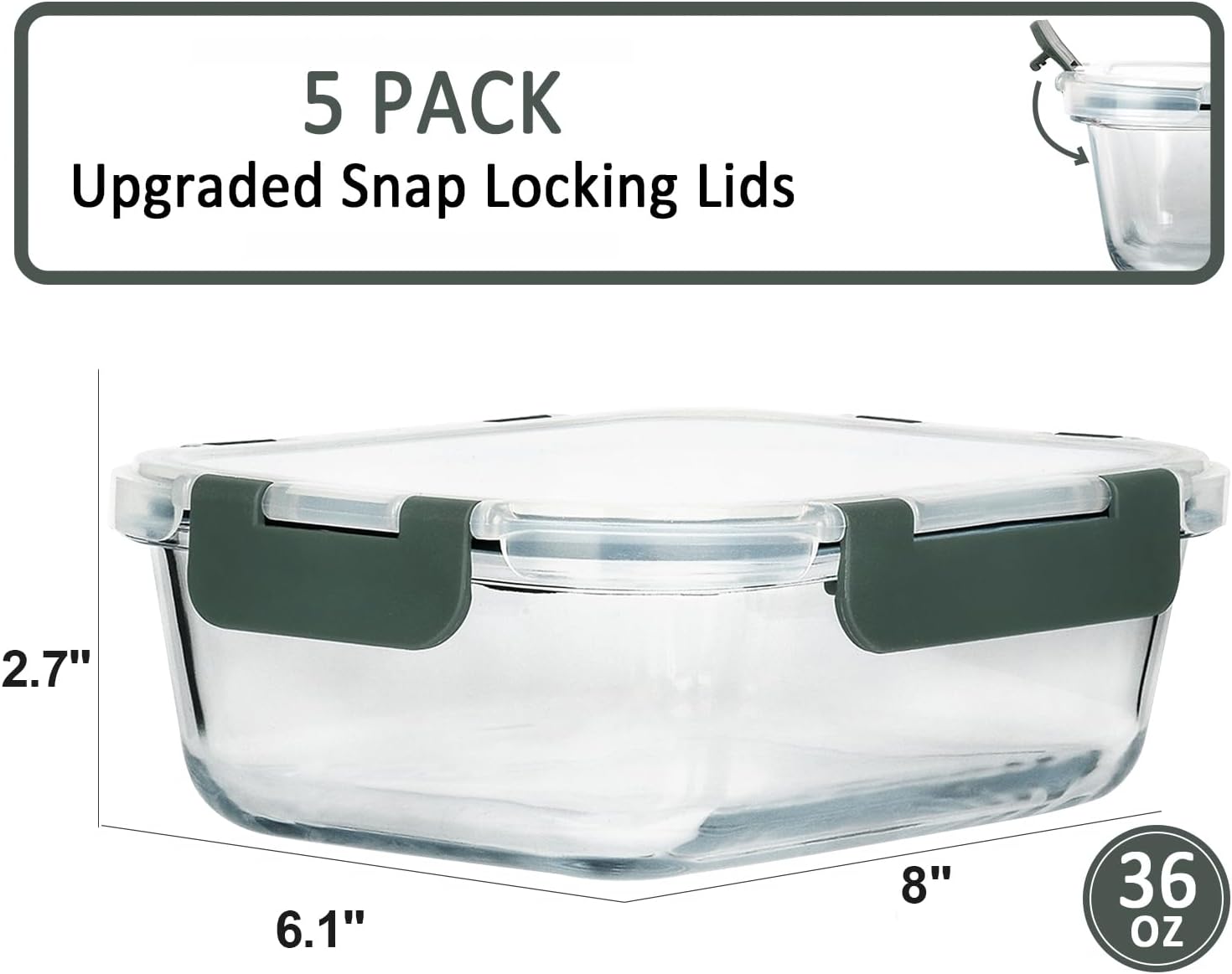 MCIRCO Glass Meal Prep Containers - 5-Pack, 36 Oz Airtight Lunch Containers with Snap Locking Lids | Microwave, Oven, Freezer Safe