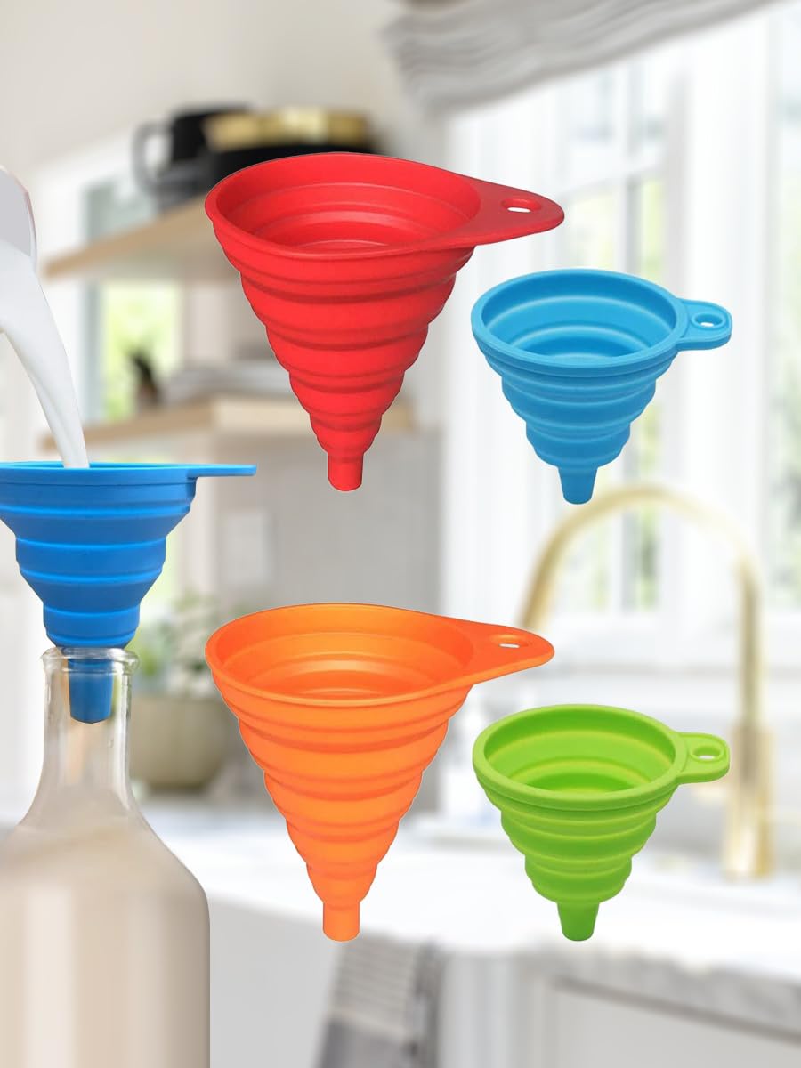 Skiennix Kitchen Funnel Set - 4 Pack of Foldable Silicone Collapsible Funnels for Easy Liquid Transfer