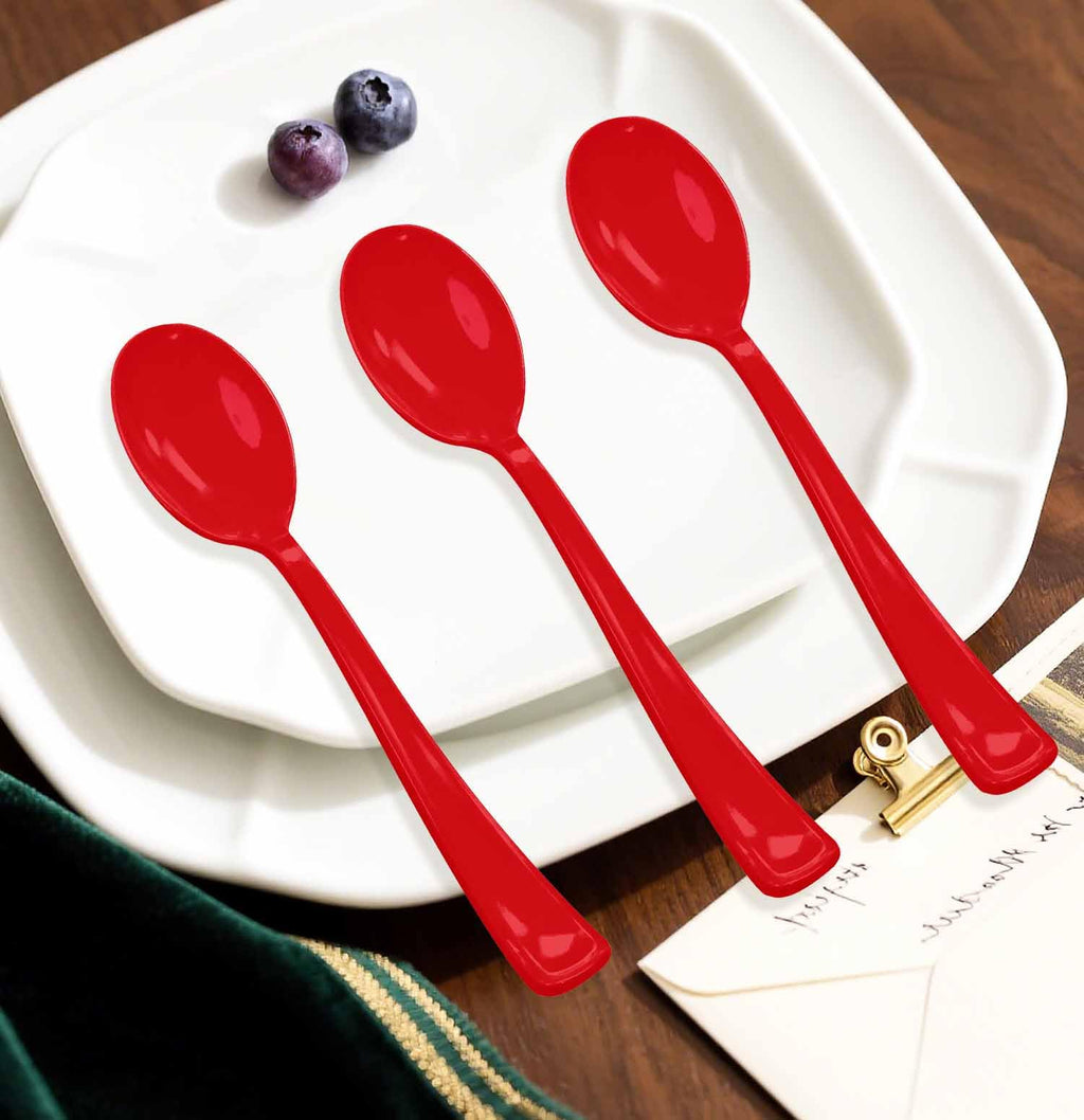 SietDESEO 25 PCS Red Plastic Spoons Disposable Utensils Heavy Duty Red Spoons Disposable Cutlery for Birthday Wedding Baby Shower Bridal Shower Plastic Silverware