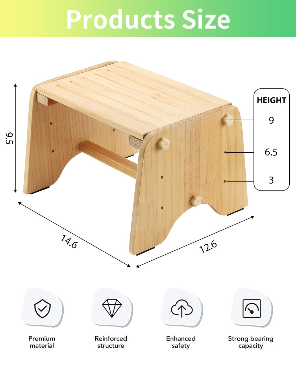 9" Wooden Step Stool for Kids Adults Elderly - 200Lbs Capacity Natural Pine