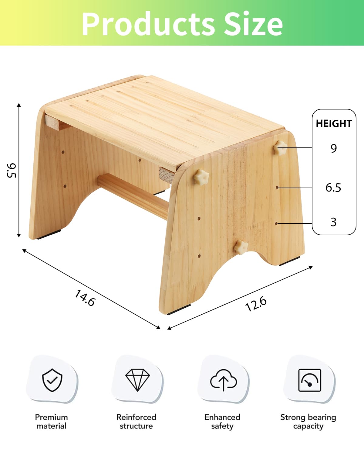 9" Wooden Step Stool for Kids Adults Elderly - 200Lbs Capacity Natural Pine