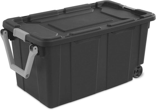 Heavy-Duty 40 Gal Wheeled Storage Bin - Large Plastic Tote with Lid for Garage, Camping & Moving - Black