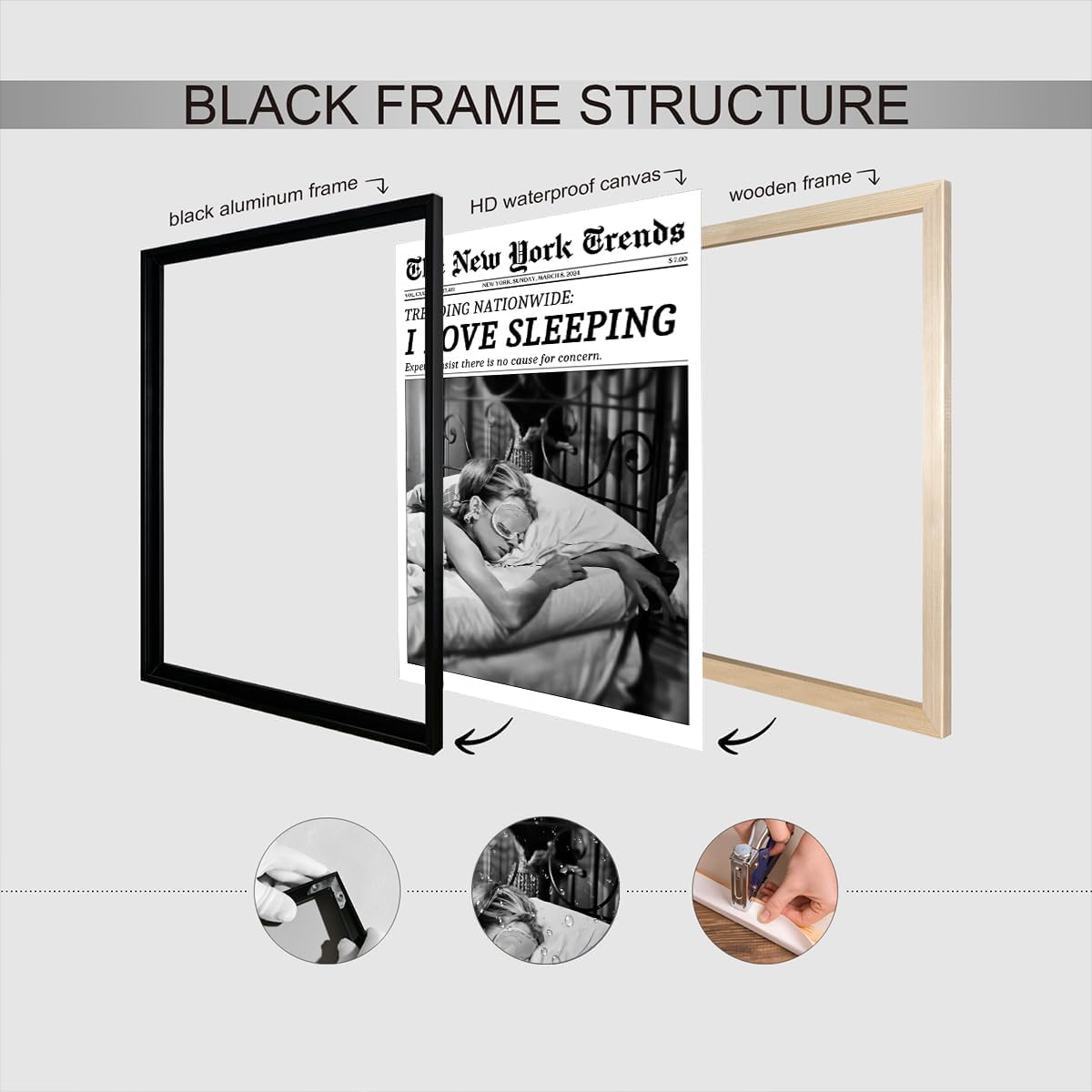 Vintage I Love Sleeping Canvas Wall Art - Black & White New York Headline Print | 8x10in Framed Decor
