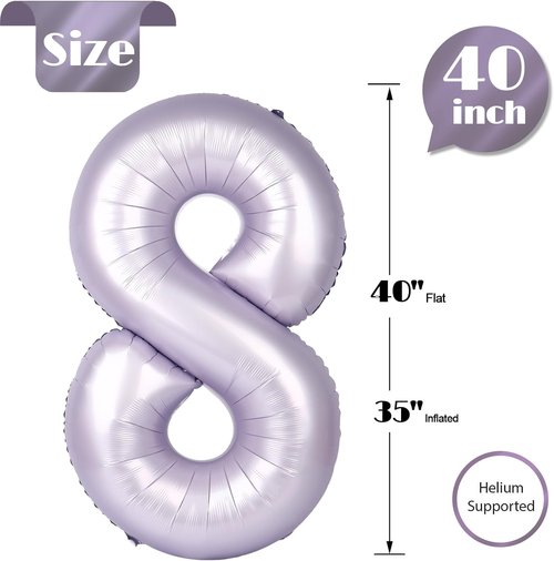 Lilac 8 Balloon - 40 Inch Number Balloon for 8th Birthday Decorations | Lavender Party Supplies