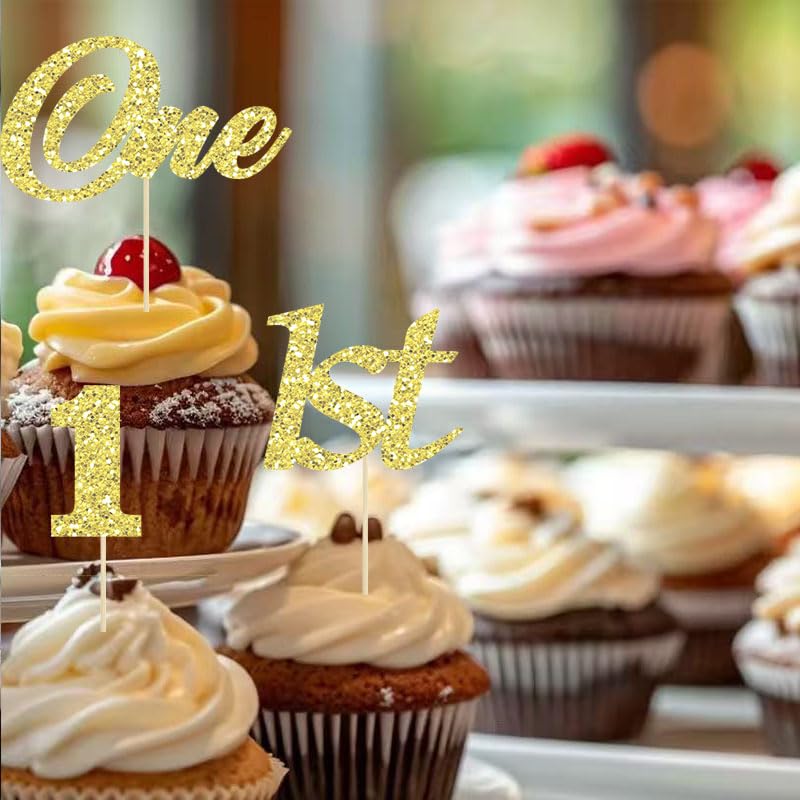 Gold Glitter One Cupcake Toppers 30 Pcs for 1st Birthday Party