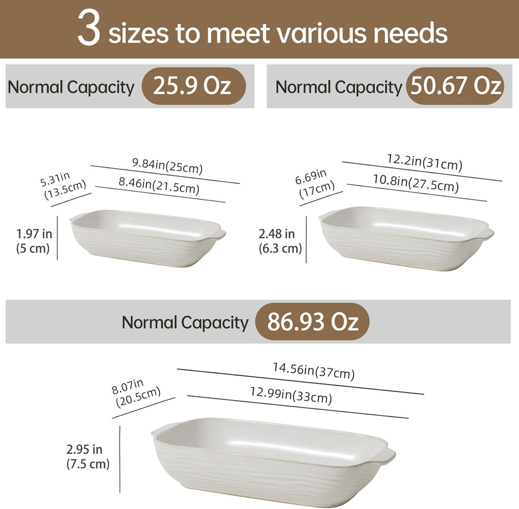 Regine Switzerland Baking Dish Set - Ceramic Casserole Dishes for Oven | 3-Piece Rectangular Bakeware in Arctic White