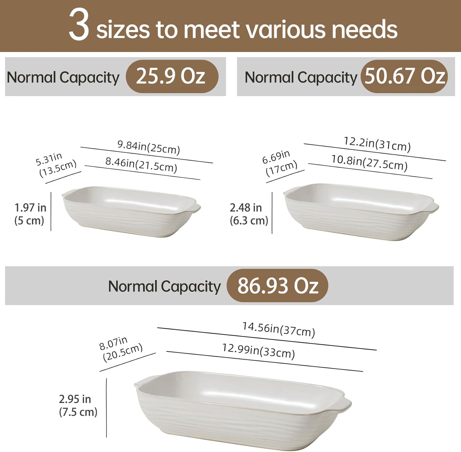 Regine Switzerland Baking Dish Set - Ceramic Casserole Dishes for Oven | 3-Piece Rectangular Bakeware in Arctic White