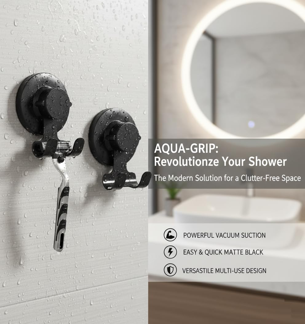 Suction Cup Hooks Razor Holder Powerful Vacuum Organizer for Towel, Razor, Coat, Bathrobe and Loofah 304 Stainless Steel Removable Hooks for Bathroom & Kitchen, Towel Hanger Storage (Black)