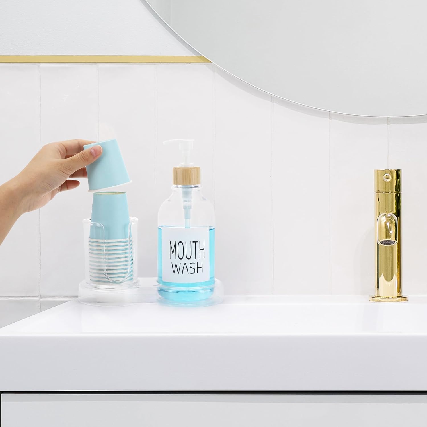 Regine Switzerland Mouthwash Dispenser - 16oz Clear Plastic with Cup Holder & Tray