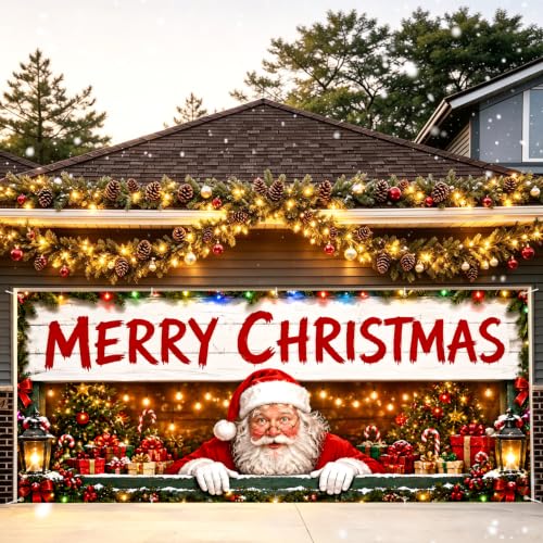 Santa's Shop Garage Door Banner - 7x16FT Christmas Outdoor Decoration - Winter Scene