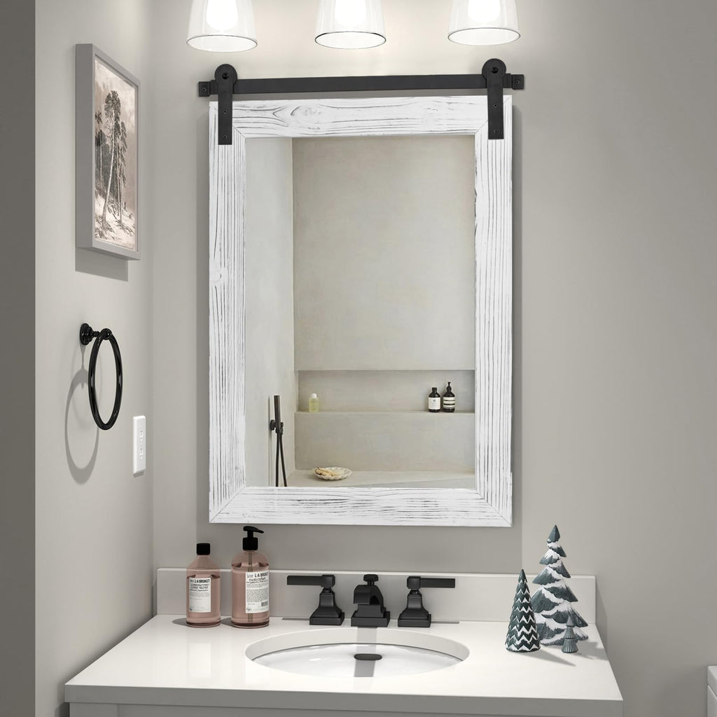 COGOOD Farmhouse Bathroom Mirror - 30 x 21 Rustic Wood Framed Wall Barn Door Mirror for Entryway, Living Room, Vanity Wall Decor (White)