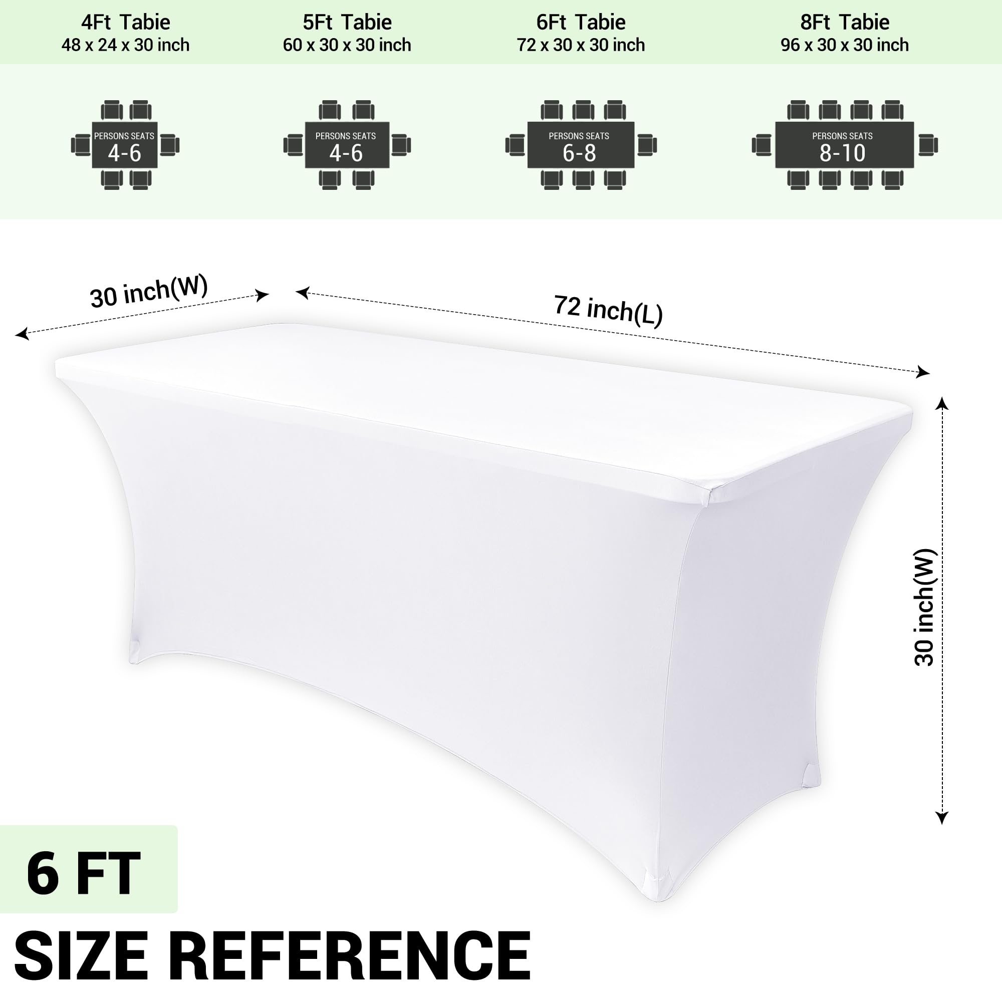 Obstal 6 Pack Stretch Spandex Table Covers for 6 Foot Tables - 6 FT Universal Rectangular Fitted Tablecloth Protector for Wedding, Banquet, Party (White, 72 Length x 30 Width x 30 Height Inches)
