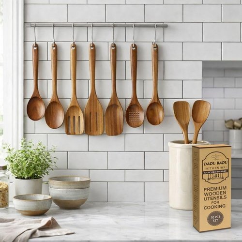 DADU BADU 10 Piece Teak Wood Utensil Set - Non-Toxic, Ultimate Kitchen Cooking Spoons & Spatulas for Nonstick Cookware - Includes Pasta Spoon, Ladle & Skimmer - Premium Wooden Utensil Gift Set
