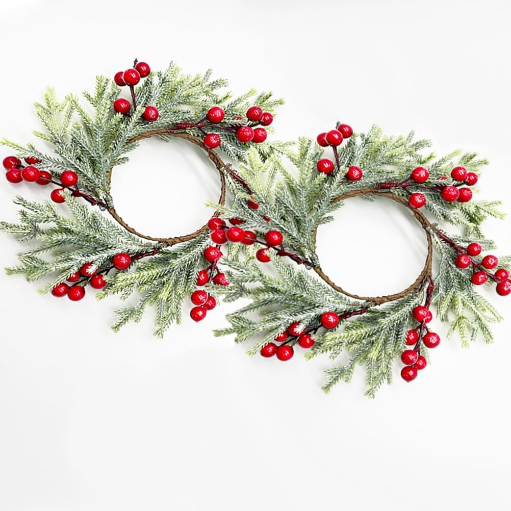 Skiennix 2-Piece Christmas Wreath Candle Rings - Artificial Cedar & Cypress with Red Berries | Holiday Table Decor
