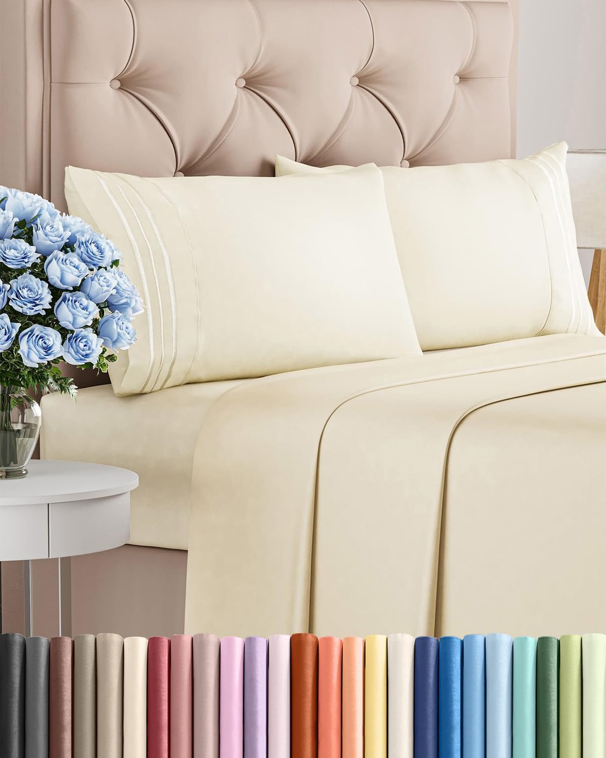 Queen Size 4-Piece Sheet Set | Skiennix Comfy, Breathable & Cooling Bed Sheets - Luxury Off-White Bedding with Deep Pockets