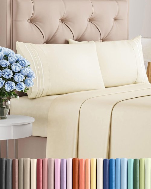 King Size 4 Piece Sheet Set | Comfy Cooling Sheets - Hotel Luxury Quality - Deep Pocket, Wrinkle-Free, Off White