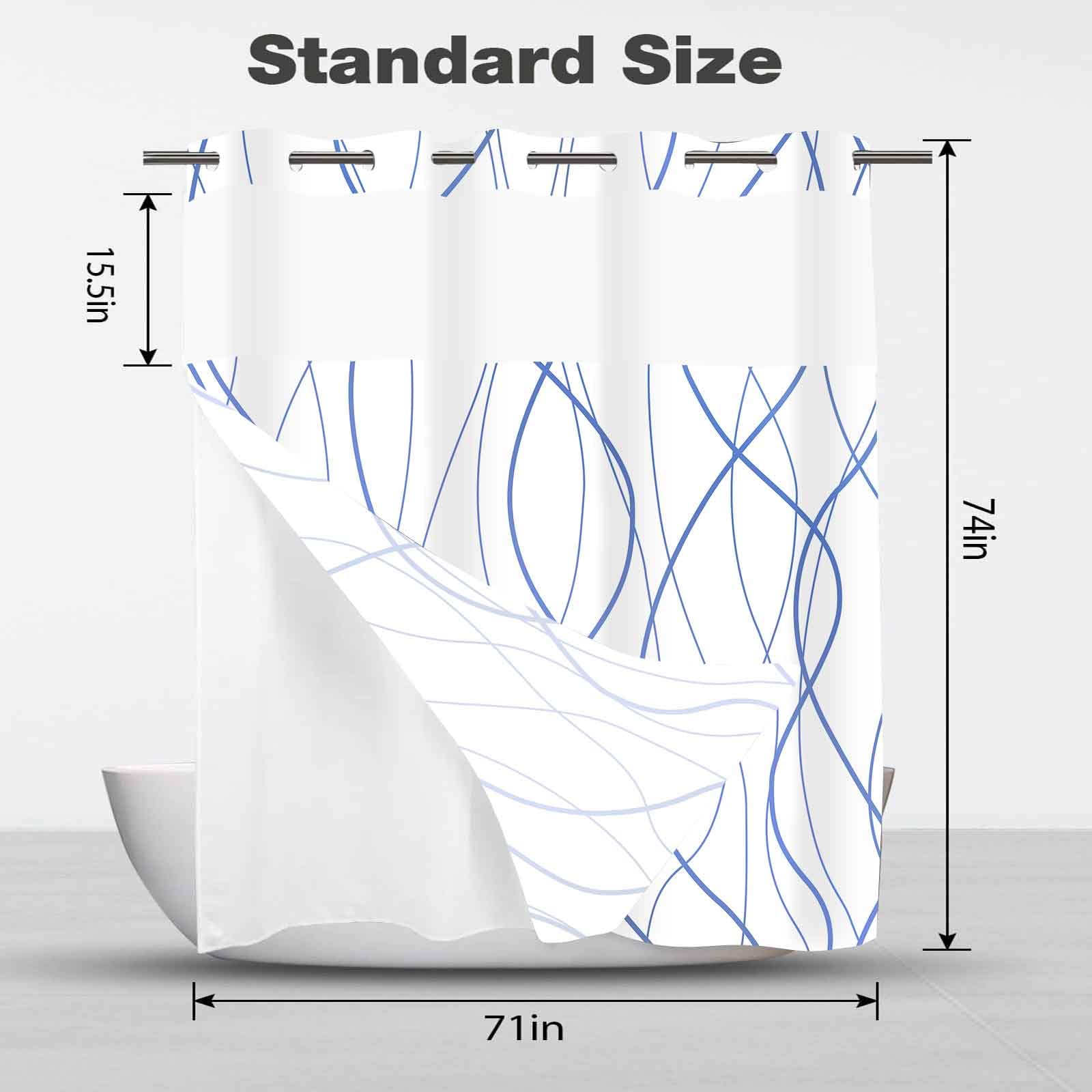 No Hook Shower Curtain with Snap in Liner Set, Black Striped Geometric Shower Curtains for Bathroom Hotel 71x74 Inch