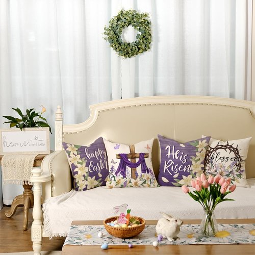 GEEORY Happy Easter He is Risen Throw Pillow Covers 18x18 Inch Set of 4, Cross Flower Wreath Blessed Spring Decorative Farmhouse Holiday Cushion Case for Home Decoration (Purple) G680-18