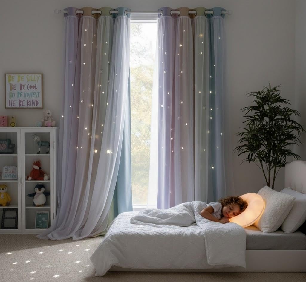 NICETOWN Rainbow Star Curtains for Girls Bedroom, Double Layer Colorful Stripes Kids Blackout Curtains Plus White Sheer Livingroom Window Curtains for School Classroom (Rainbow, W52 x L84, Sold by 2)
