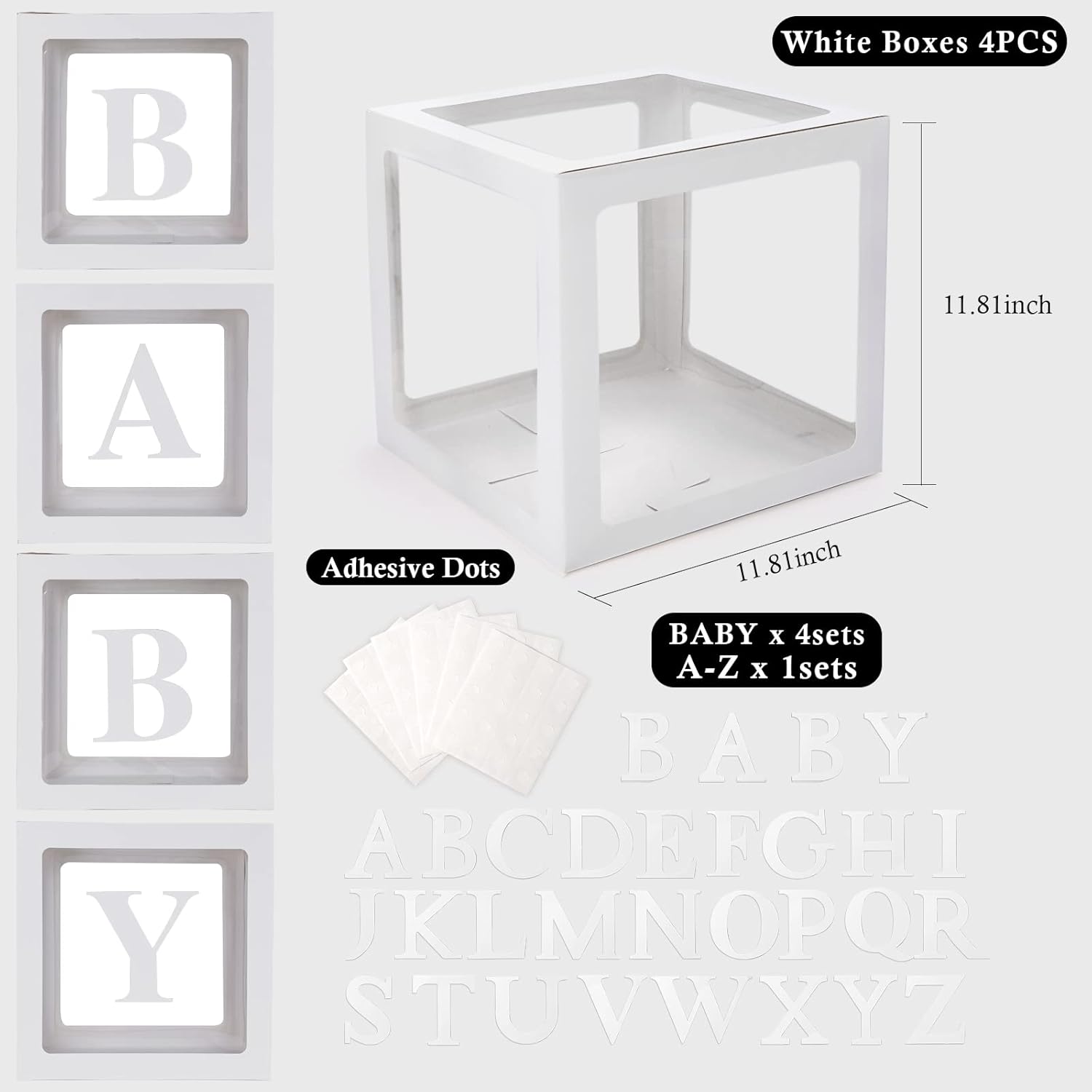 Voircoloria Baby Boxes - 42-Piece Letter Set for Baby Shower & Gender Reveal | Clear Balloon Box (White)