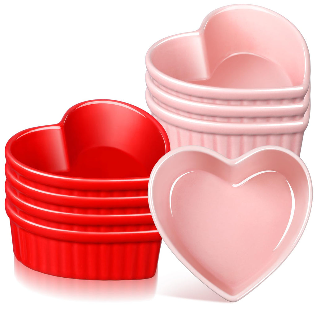 Reallnaive 8 Pcs Heart Shaped Ramekin Creme Brulee Ramekins Oven Safe 3.54 x 3.54 x 1.57 Inch Heart Shaped Bowl Small Baking Ceramic Ramekins Dishes for Souffle Snacks Quiche Sauces(Pink and Red)