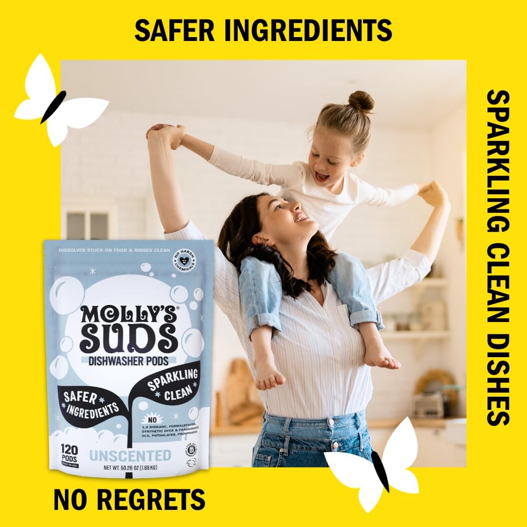Molly's Suds Dishwasher Pods - Residue-Free Detergent for Sparkling Dishes | 60 Unscented Auto-Release Tabs