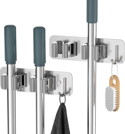 Homeasy Wall Mount Mop and Broom Holder - Heavy Duty Stainless Steel Organizer Rack | 2-Pack, No Drill Installation, Silver