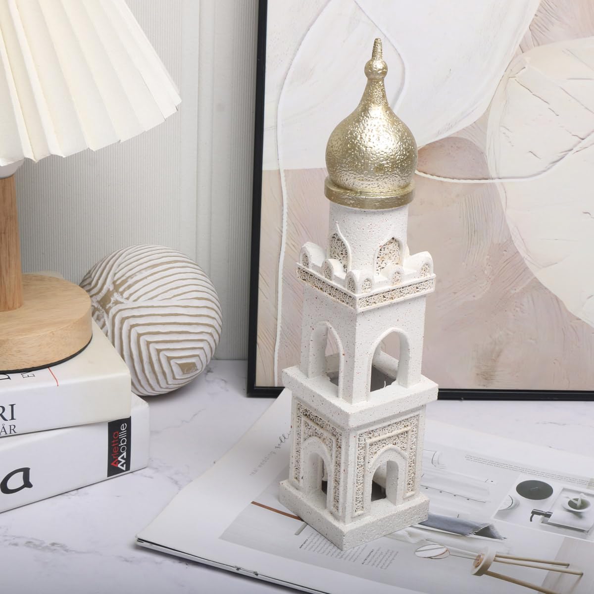 Islamic Cultural Decor Collection - Handcrafted Resin Mosque Models & Tower Ornaments for Home/Office Display Ramadan Decoration (Tower 1)