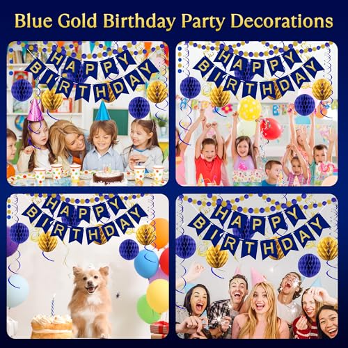 Blue Birthday Decorations Set with Banner, Honeycomb Balls & Swirls