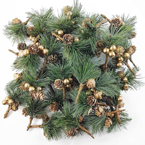 Artificial Pine Picks with Gold Berries and Pinecones - Christmas Decor, 25 Pack