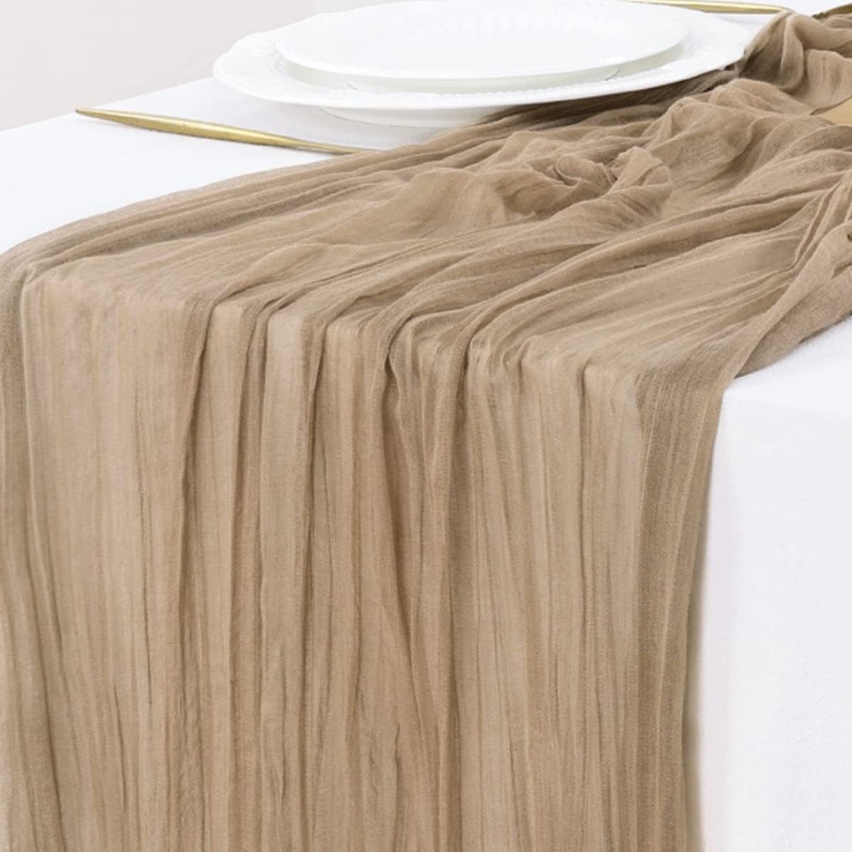Socomi Cheesecloth Table Runner - 2pcs Nude Brown Boho Rustic 120 Inch for Weddings & Events