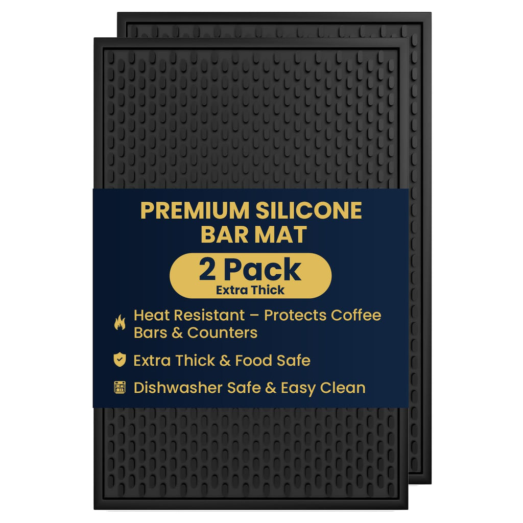 AXIESO 2 Pack Silicone Bar Mat - 1/2 Inch Thick Heat-Resistant and Food Safe Drip Mat - Spill Mats for Counter Top - Kitchen Service Mat, Coffee Bar, Restaurant - Drying Mat - 18 x 12 Inches