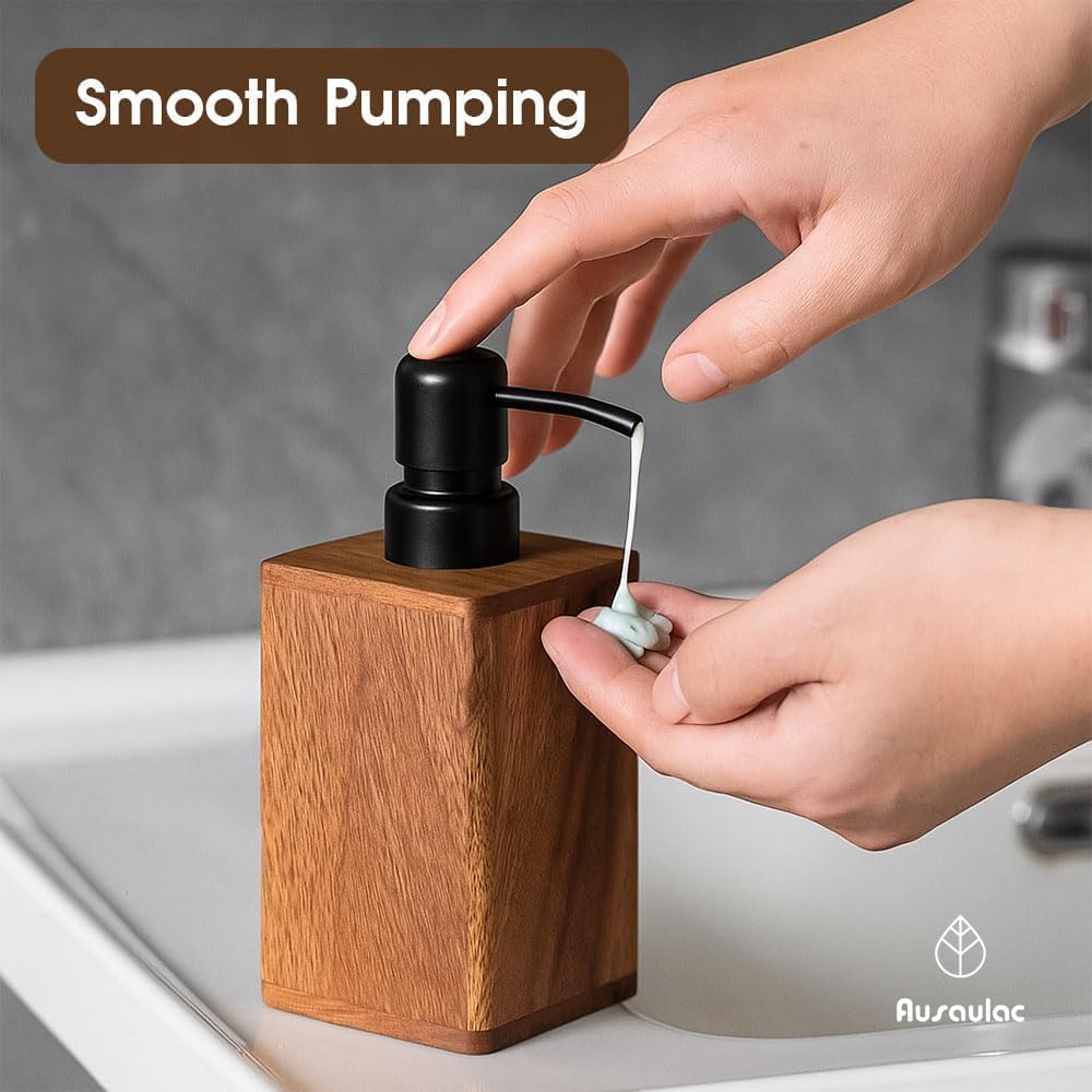 AUSAULAC 200ml Solid Wood Soap Dispenser for Bathroom,Kitchen –Wooden Refillable Hand Soap Pump, Lotion Dispenser, Bathroom Accessories, Wood Lotion Container (7oz/200ml)