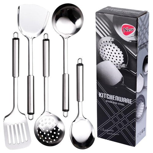 DYAYGPRGP Stainless Steel Cooking Utensils Set, 5 Pcs Stainless Steel Kitchen Utensils Set, Wok Utensils Set Include Wok Ladle, Slotted Spoon, Soup, Wok Spatula and Slotted Spatula