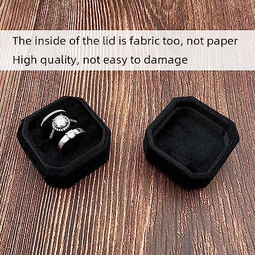 Black Velvet Ring Box - 3 Slots Octagon Holder for Weddings