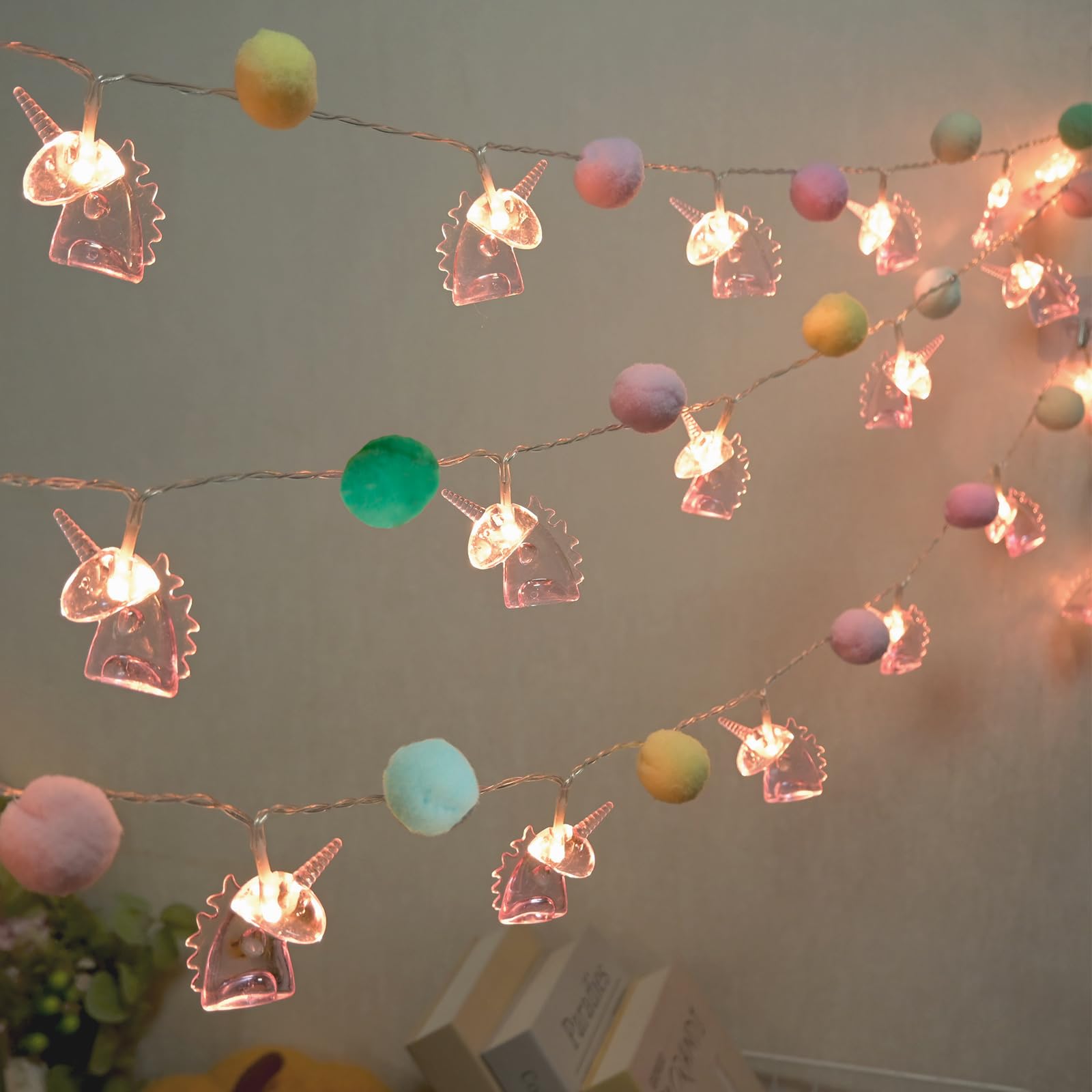 9.85FT Unicorn String Lights Cute Pom Poms Fairy LED String Lights Battery Operated with Timer Decor Lights for Kids Bedroom Birthday Party Kids Playhouse Wedding Valentine's Day Christmas Decorations