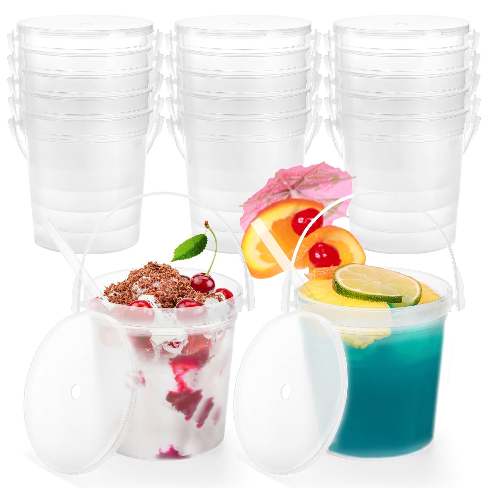 Yopay 15 Pack Plastic Rum Buckets for Drinks, 32OZ Cocktail Buckets Reusable Smoothie Bucket with Lid and Straw, 1Liter Large Ice Cream Pails for Halloween Football Parties Bar Beer