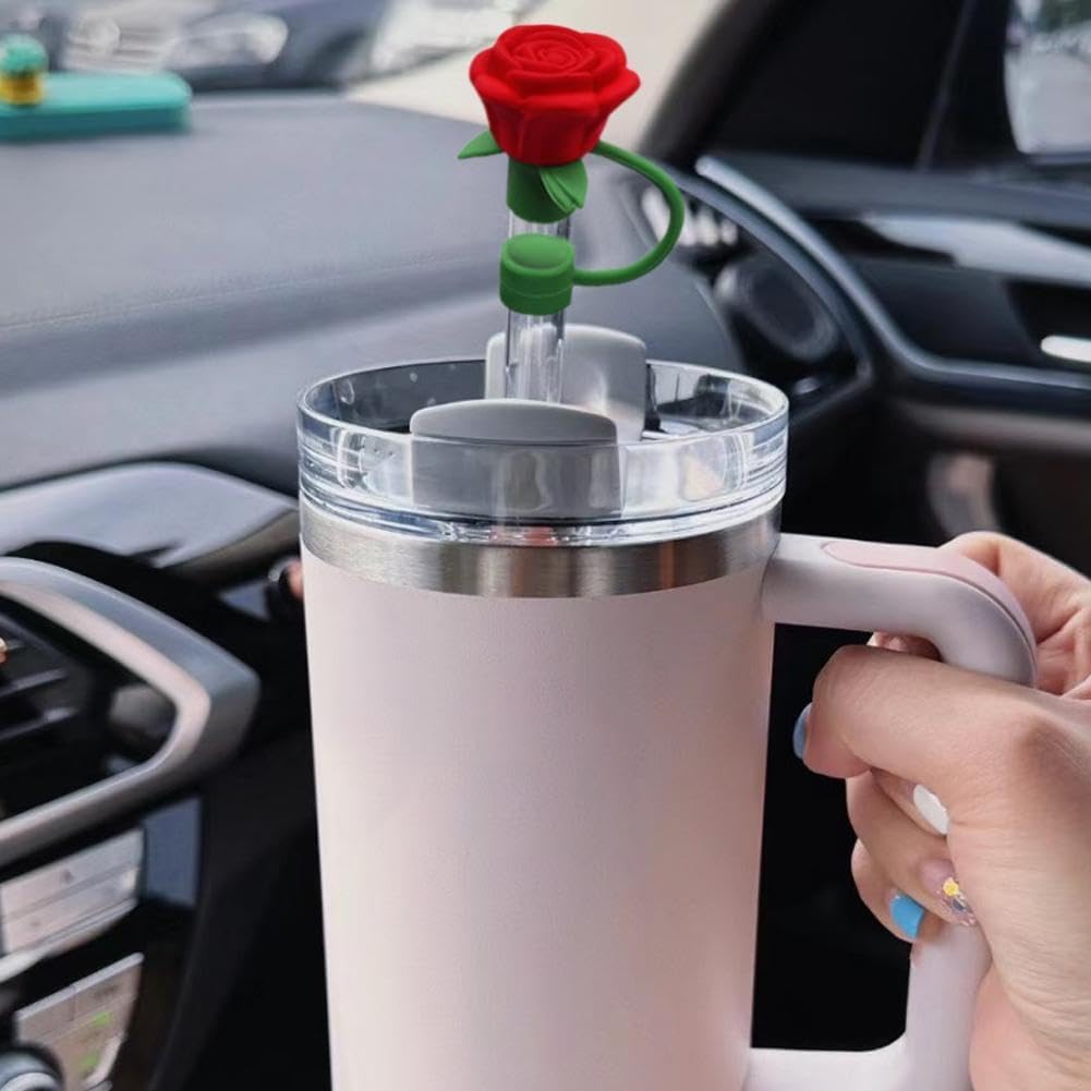 9 Pcs Silicone Rose Straw Cover Cap for Stanley Cup, Flower Straw Toppers Compatible with 6-10mm Drinking Straw, for Stanley Cup for Women Valentine's Gift