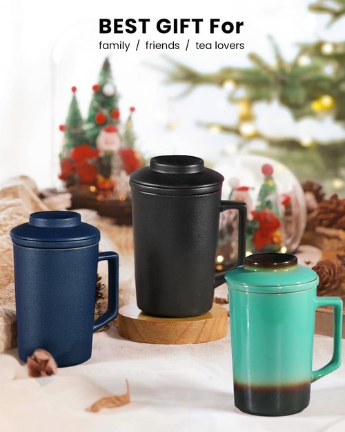 Foinly 15 oz Ceramic Tea Infuser Cup with Lid - Tea Mug with All Porcelain Strainer for Loose Leaf Teas,Microwave and Dishwasher Safe,Metal-Free,BPA-Free for Tea Lovers/Mother's Day (Blue)