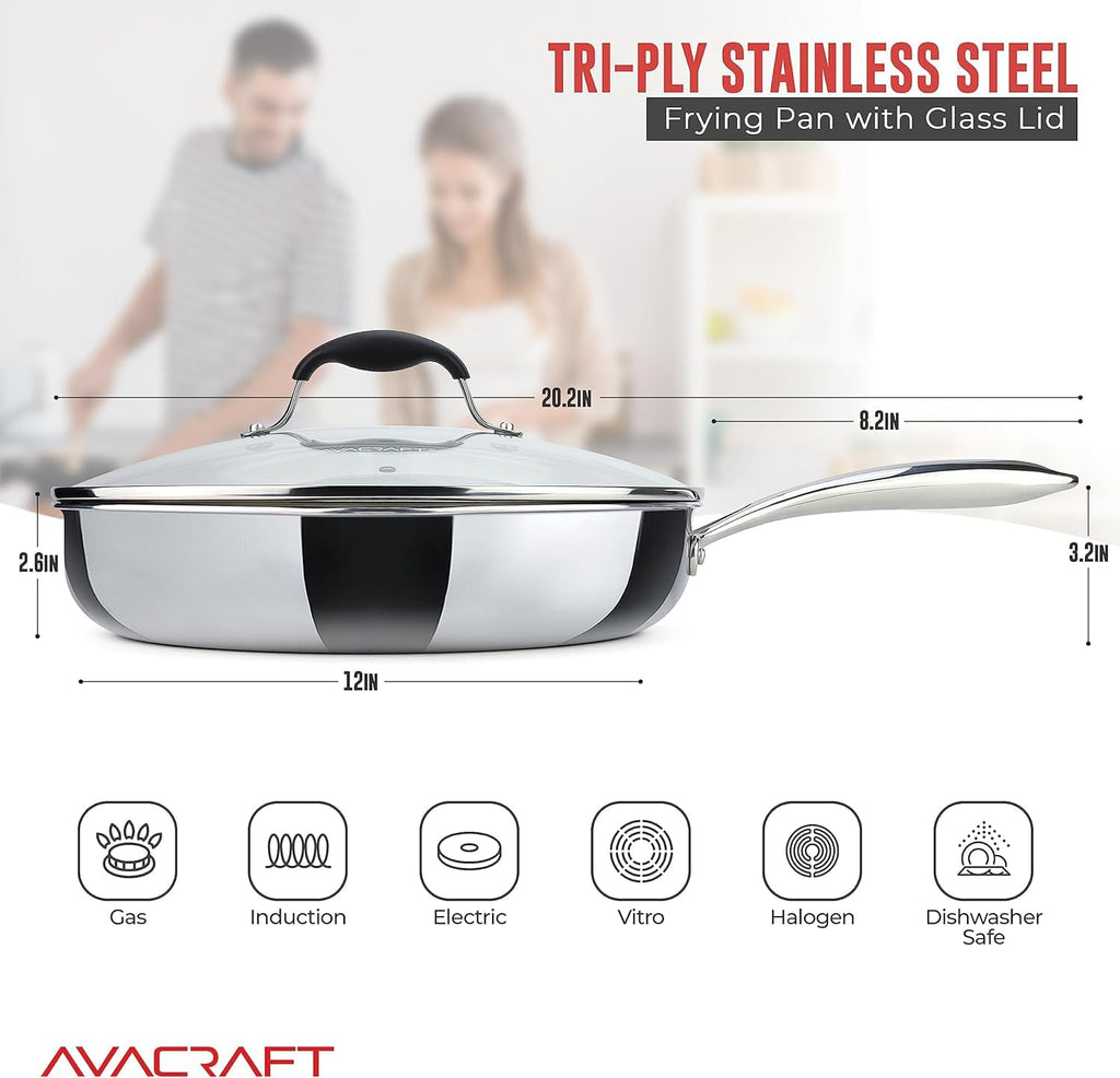AVACRAFT 10 Inch Tri-Ply Stainless Steel Frying Pan with Lid, Side Spouts, Induction Pan, Versatile Stainless Steel Skillet, Fry Pan in our Pots and Pans (Tri-Ply Stainless steel,10 Inch)