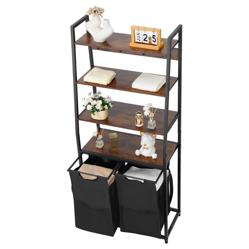 VEVOR 4 Tiers Laundry Sorter, Tall Laundry Hamper with Shelves and Hooks, 2 Section Freestanding Basket Organizer Storage with 600D Oxford Cloth Bags and Ladder Shelves for Dirty Clothes, Bathroom