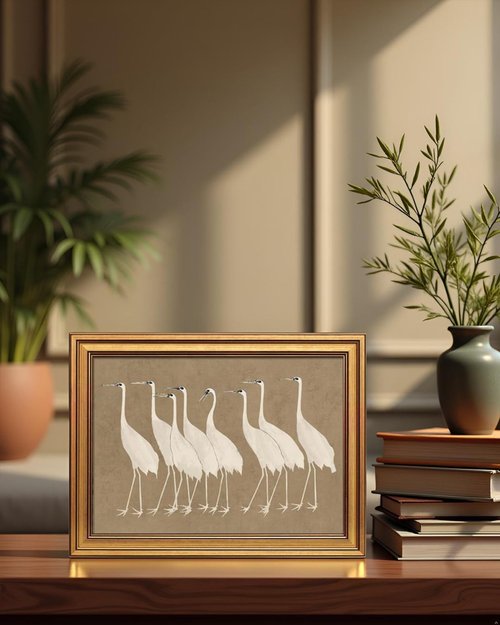 InSimSea Gold Framed Canvas Prints - Vintage Cranes Wall Art for Bathroom & Living Room | 12x16 Inch