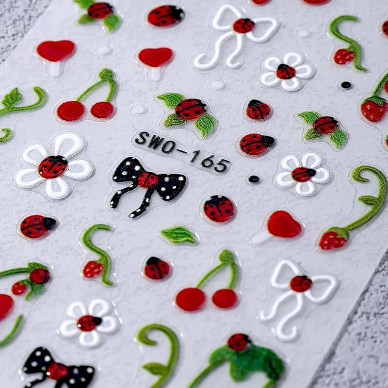 5D Embossed Nail Art Stickers Strawberry Ladybug Self-Adhesive Decals