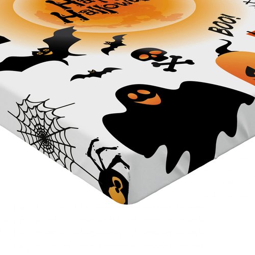 Ambesonne Halloween Fitted Sheet, All Hallows Day Objects Haunted House Owl and Trick or Treat Candy Black Cat, Bed Cover with All-Round Elastic Deep Pocket for Comfort, Twin Size, Black Orange