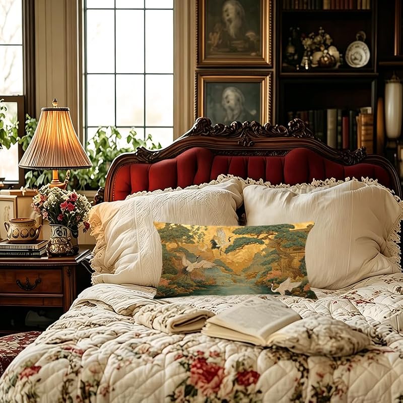Chinoiserie Crane Lumbar Pillow Cover 12x20 Soft Flannel Multicolor0001
